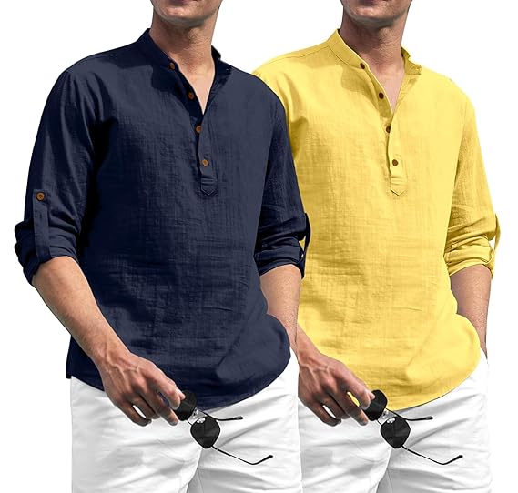 Combo of Men's Solid Cotton Polyester Blend Full Sleeve Straight Kurta Shirt (Pack of 2)