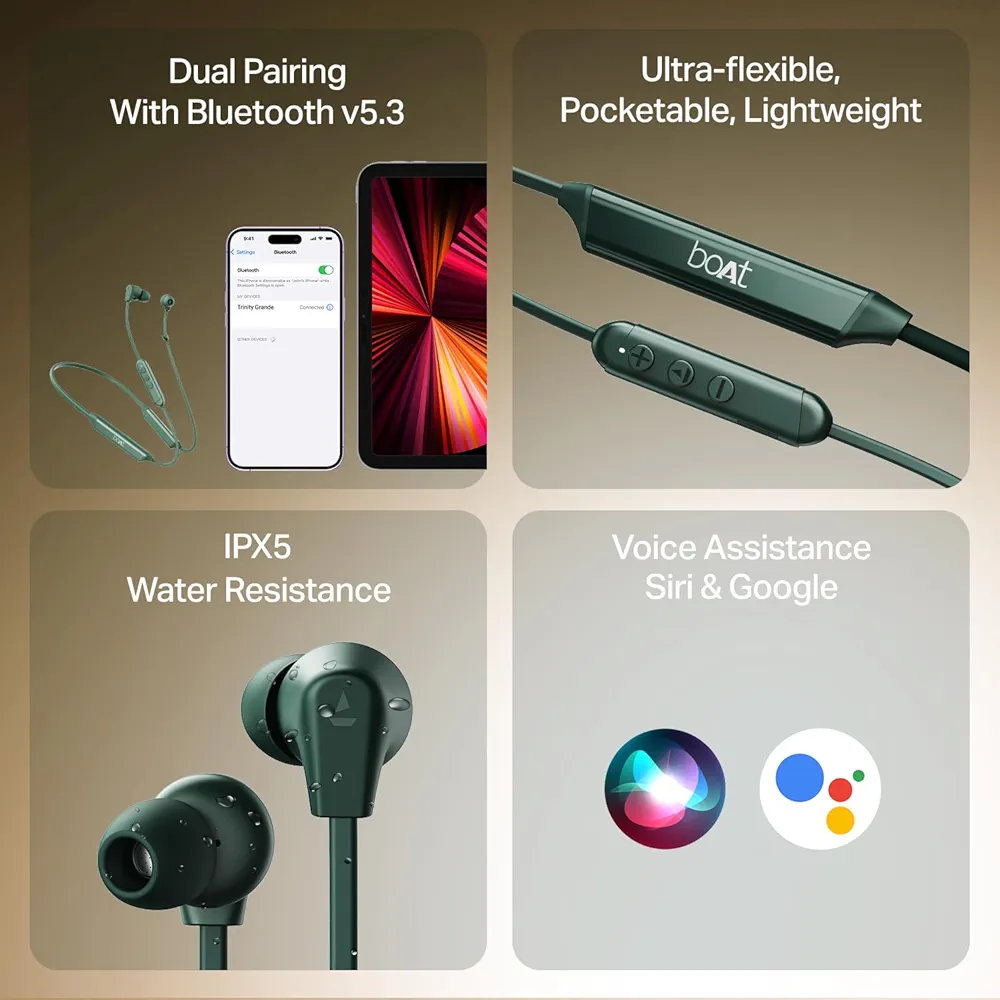 boAt 2025 Launch Rockerz Trinity Grande, 150H Battery, Hi Res Audio by LDAC, Dual Pair, ENx Tech, Stream Ad Free Music via App Support, Bluetooth Neckband, Wireless with Mic Earphones (Green) - Image 3