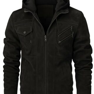 Blaq Ash Men's Removable Hood Biker Jacket, Suede, Black with Zipper Pockets