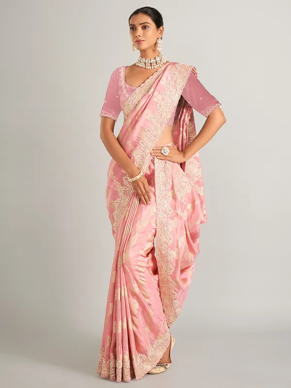 Glowing light pink zari worked saree in silk - Image 2