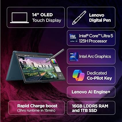 Lenovo Yoga 7 Intel Evo Core Ultra 5 125H Built-in AI 14"(35.5cm) WUXGA-OLED 400Nits 2-in-1 Laptop (16GB/1TB SSD/Win 11/Office Home 2024/Digital Pen/3 Mon. Game Pass/Teal/1.5Kg), 83DJ00FXIN - Image 4