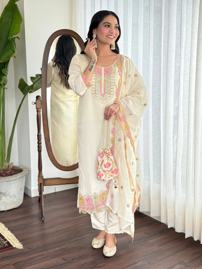 Embroidered Kurta, Trouser/Pant & Dupatta Set