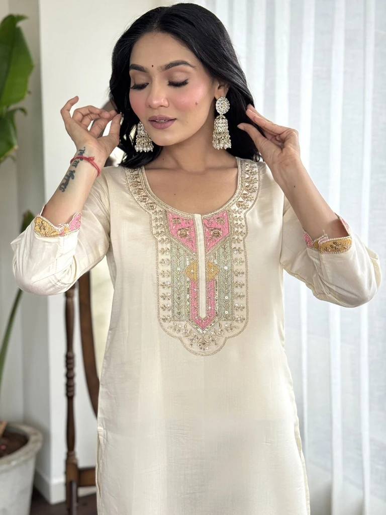 Embroidered Kurta, Trouser/Pant & Dupatta Set - Image 2