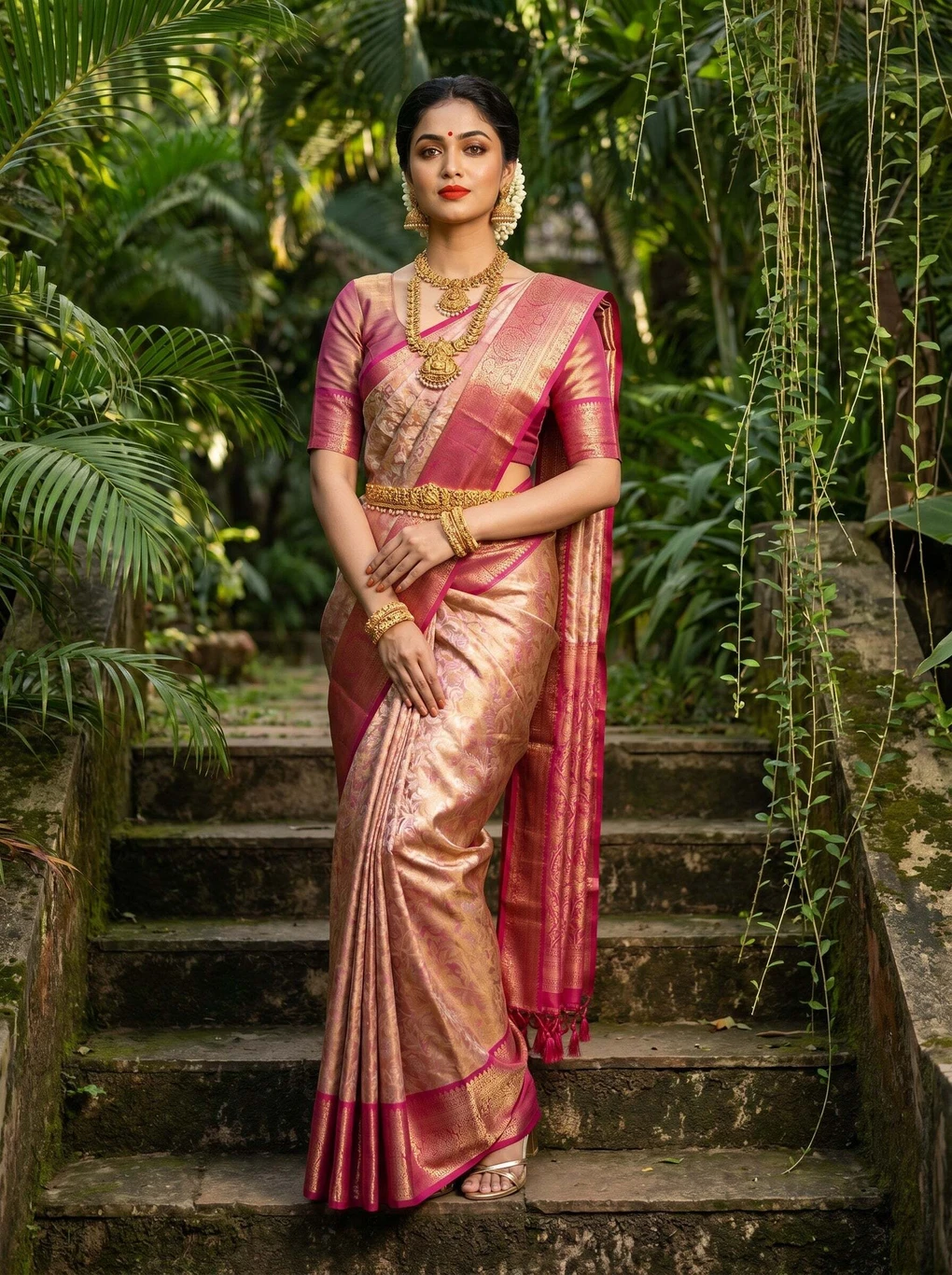 ock MIMOSA Embroidered Kanjivaram Art Silk Saree (Pink, Gold)