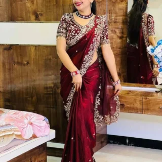 PRATYAMFASHION Embellished Bollywood Pure Silk Saree (Maroon)