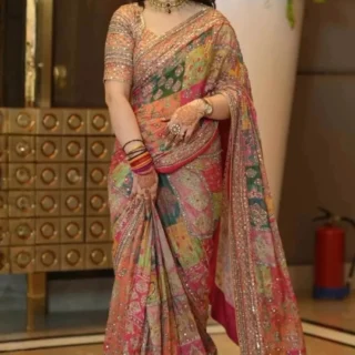 YUG ART Printed, Embellished Bollywood Silk Blend Saree (Multicolor)