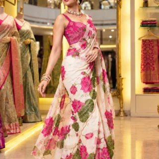 kryone Floral Print, Embroidered Handloom Georgette Saree