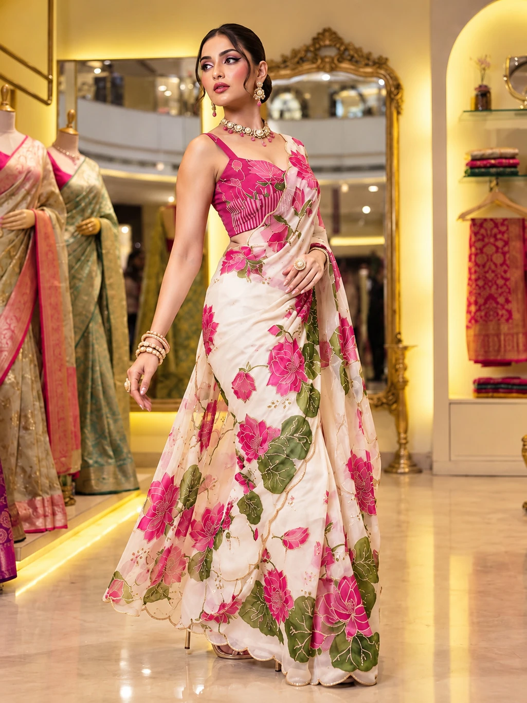 kryone Floral Print, Embroidered Handloom Georgette Saree